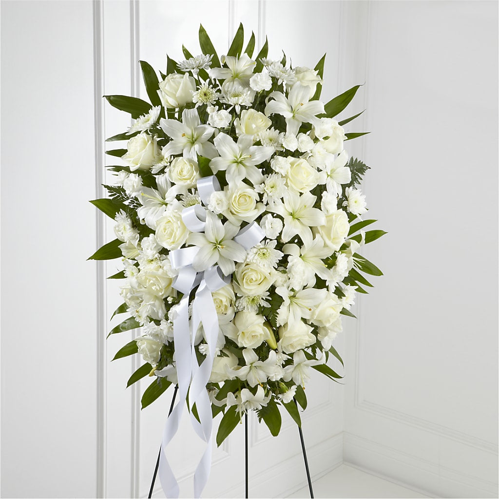 Exquisite Tribute Standing Spray-White Ribbon – Maroa Miami Llc, Miami FL
