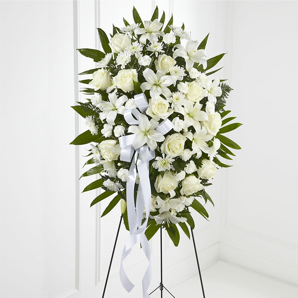 Exquisite Tribute Standing Spray-White Ribbon – Maroa Miami Llc, Miami FL